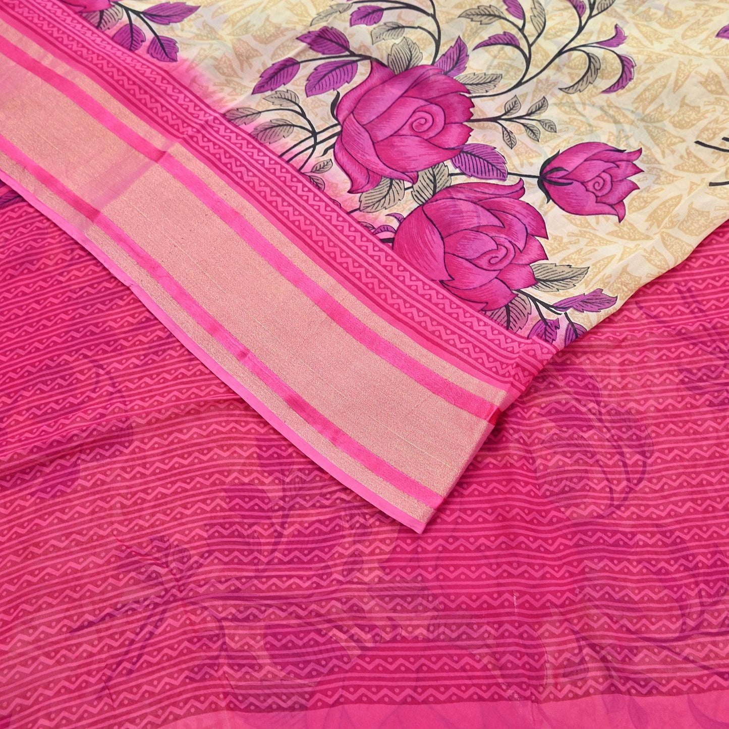 Indian Women Vintage Sari Beige & Pink Blend Georgette Printed Sarees Sewing 5yd Soft Craft Floral Wrap Boho Zari