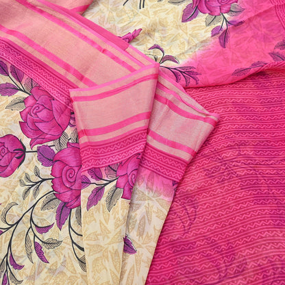 Indian Women Vintage Sari Beige & Pink Blend Georgette Printed Sarees Sewing 5yd Soft Craft Floral Wrap Boho Zari