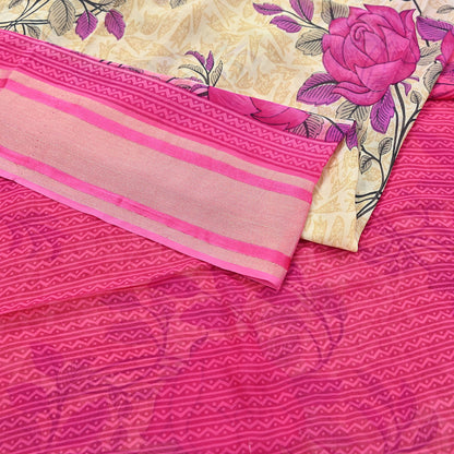 Indian Women Vintage Sari Beige & Pink Blend Georgette Printed Sarees Sewing 5yd Soft Craft Floral Wrap Boho Zari