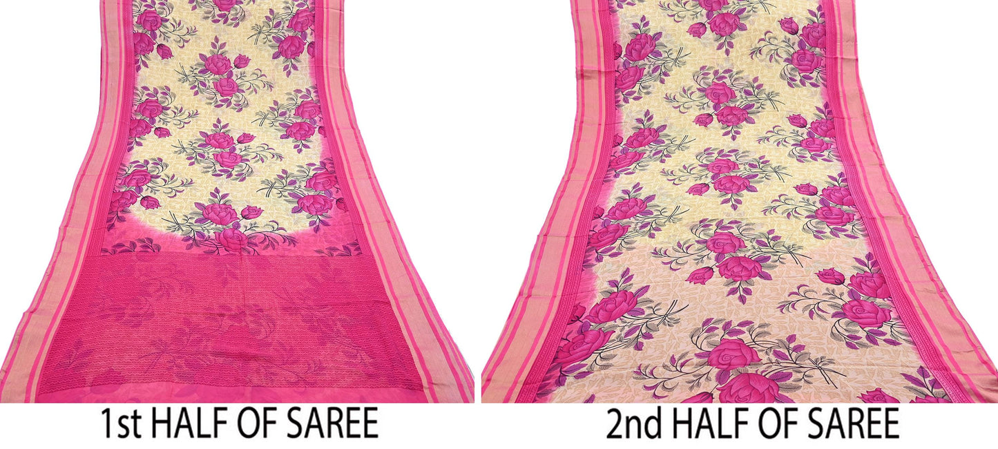 Indian Women Vintage Sari Beige & Pink Blend Georgette Printed Sarees Sewing 5yd Soft Craft Floral Wrap Boho Zari