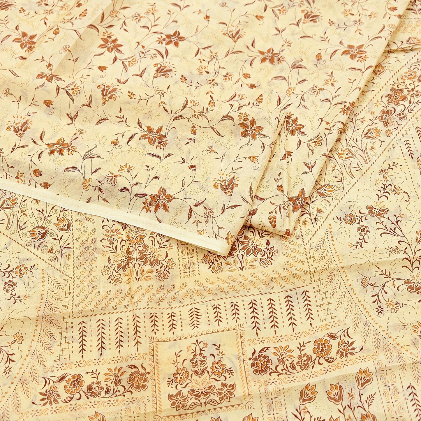 Indian Vintage Sari Ivory Pure Silk Printed Saree 5yd Sewing Paisley Craft Fabric DressMaking Soft Used Upcycled