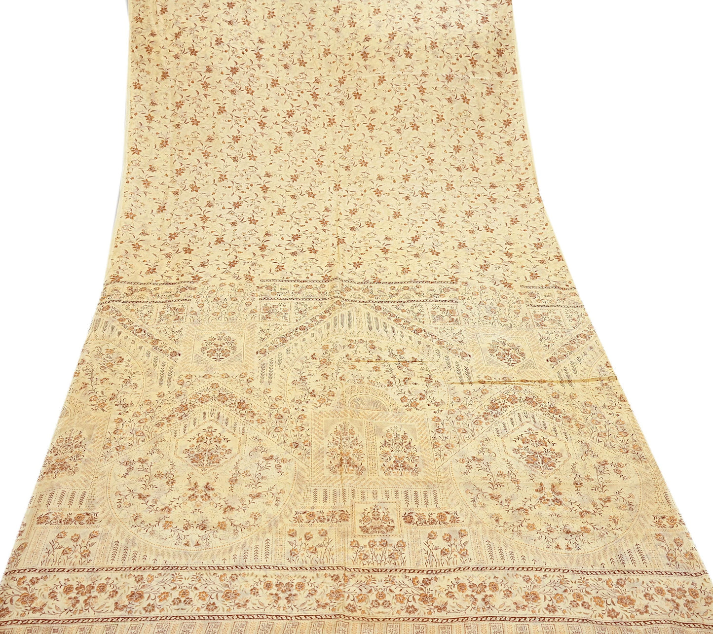 Indian Vintage Sari Ivory Pure Silk Printed Saree 5yd Sewing Paisley Craft Fabric DressMaking Soft Used Upcycled