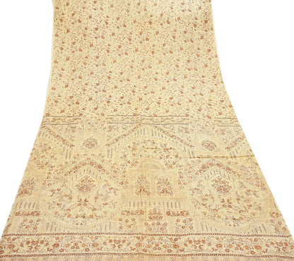Indian Vintage Sari Ivory Pure Silk Printed Saree 5yd Sewing Paisley Craft Fabric DressMaking Soft Used Upcycled