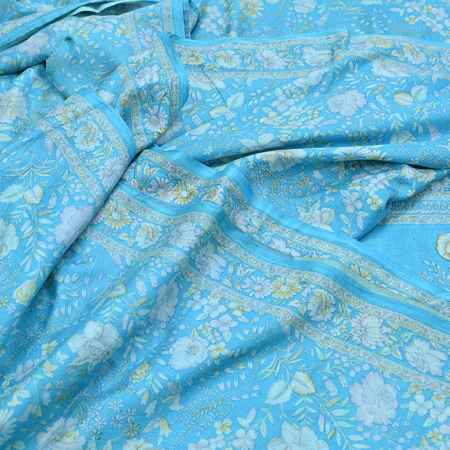 Indian Vintage Sari Blue 100% Pure Silk Printed Saree Craft Fabric 6yd Sewing Dress Making Soft Wrap Quilting Crafting Upcycle