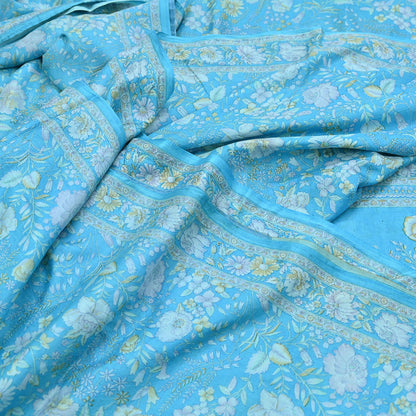 Indian Vintage Sari Blue 100% Pure Silk Printed Saree Craft Fabric 6yd Sewing Dress Making Soft Wrap Quilting Crafting Upcycle