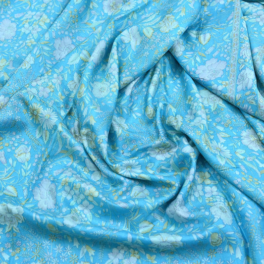Indian Vintage Sari Blue 100% Pure Silk Printed Saree Craft Fabric 6yd Sewing Dress Making Soft Wrap Quilting Crafting Upcycle