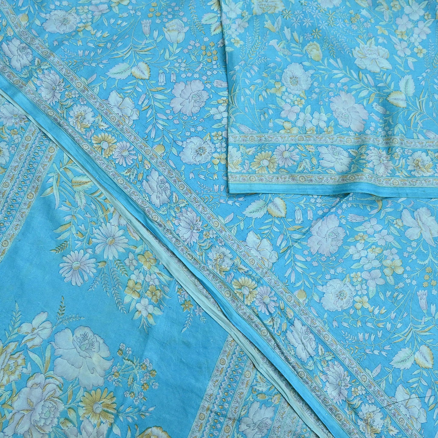 Indian Vintage Sari Blue 100% Pure Silk Printed Saree Craft Fabric 6yd Sewing Dress Making Soft Wrap Quilting Crafting Upcycle