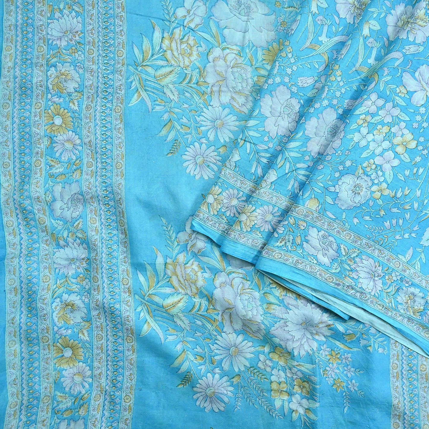 Indian Vintage Sari Blue 100% Pure Silk Printed Saree Craft Fabric 6yd Sewing Dress Making Soft Wrap Quilting Crafting Upcycle