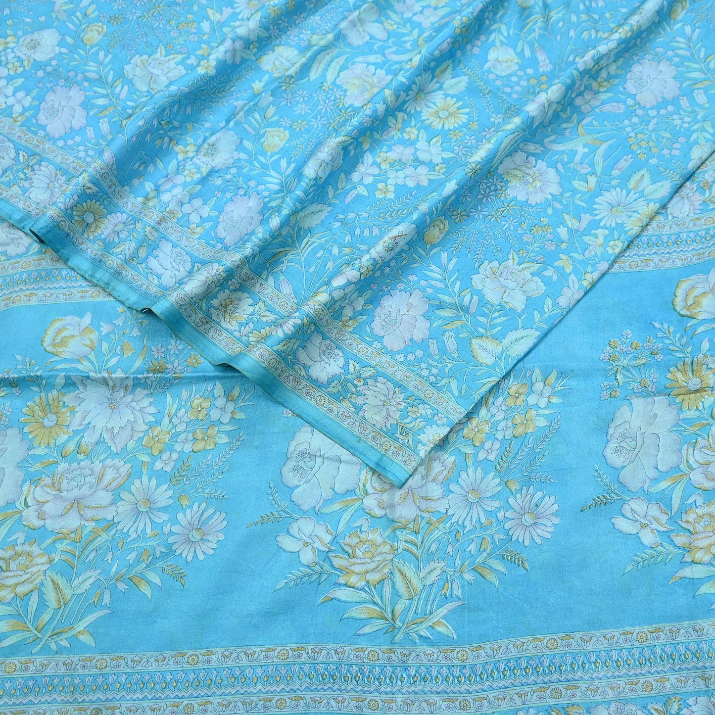 Indian Vintage Sari Blue 100% Pure Silk Printed Saree Craft Fabric 6yd Sewing Dress Making Soft Wrap Quilting Crafting Upcycle