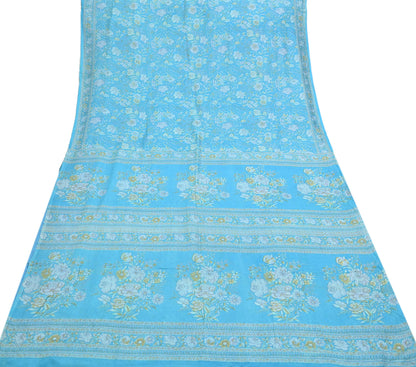 Indian Vintage Sari Blue 100% Pure Silk Printed Saree Craft Fabric 6yd Sewing Dress Making Soft Wrap Quilting Crafting Upcycle
