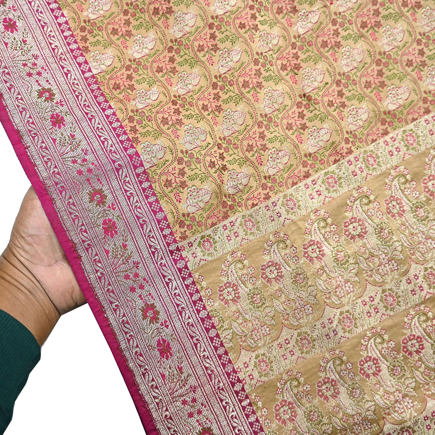 Indian Vintage Sari Beige Heavy Pure Silk Woven Banarasi Brocade Saree Fabric 5Yd Ethnic Dress making Crafting Bollywood Dress Designing