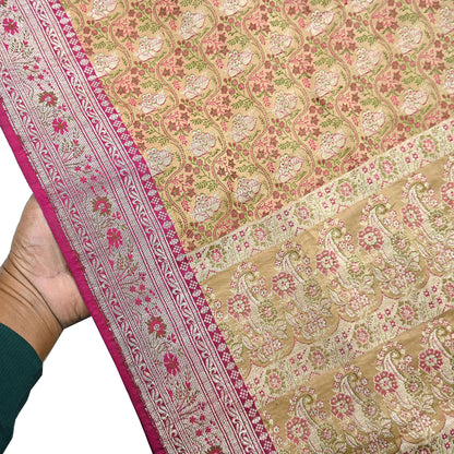 Indian Vintage Sari Beige Heavy Pure Silk Woven Banarasi Brocade Saree Fabric 5Yd Ethnic Dress making Crafting Bollywood Dress Designing