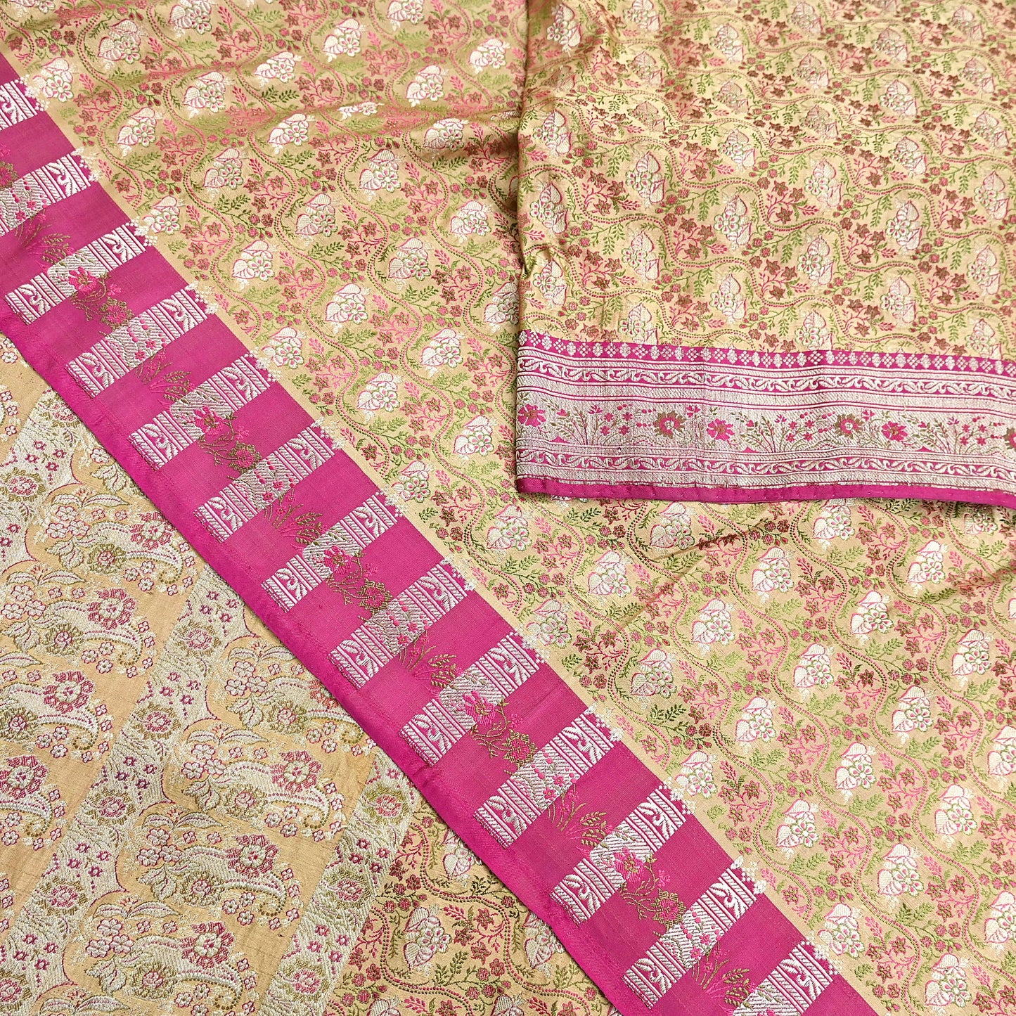 Indian Vintage Sari Beige Heavy Pure Silk Woven Banarasi Brocade Saree Fabric 5Yd Ethnic Dress making Crafting Bollywood Dress Designing