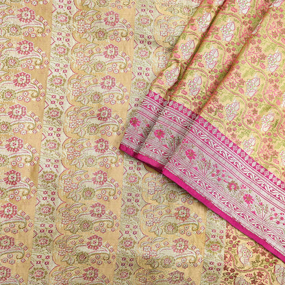 Indian Vintage Sari Beige Heavy Pure Silk Woven Banarasi Brocade Saree Fabric 5Yd Ethnic Dress making Crafting Bollywood Dress Designing