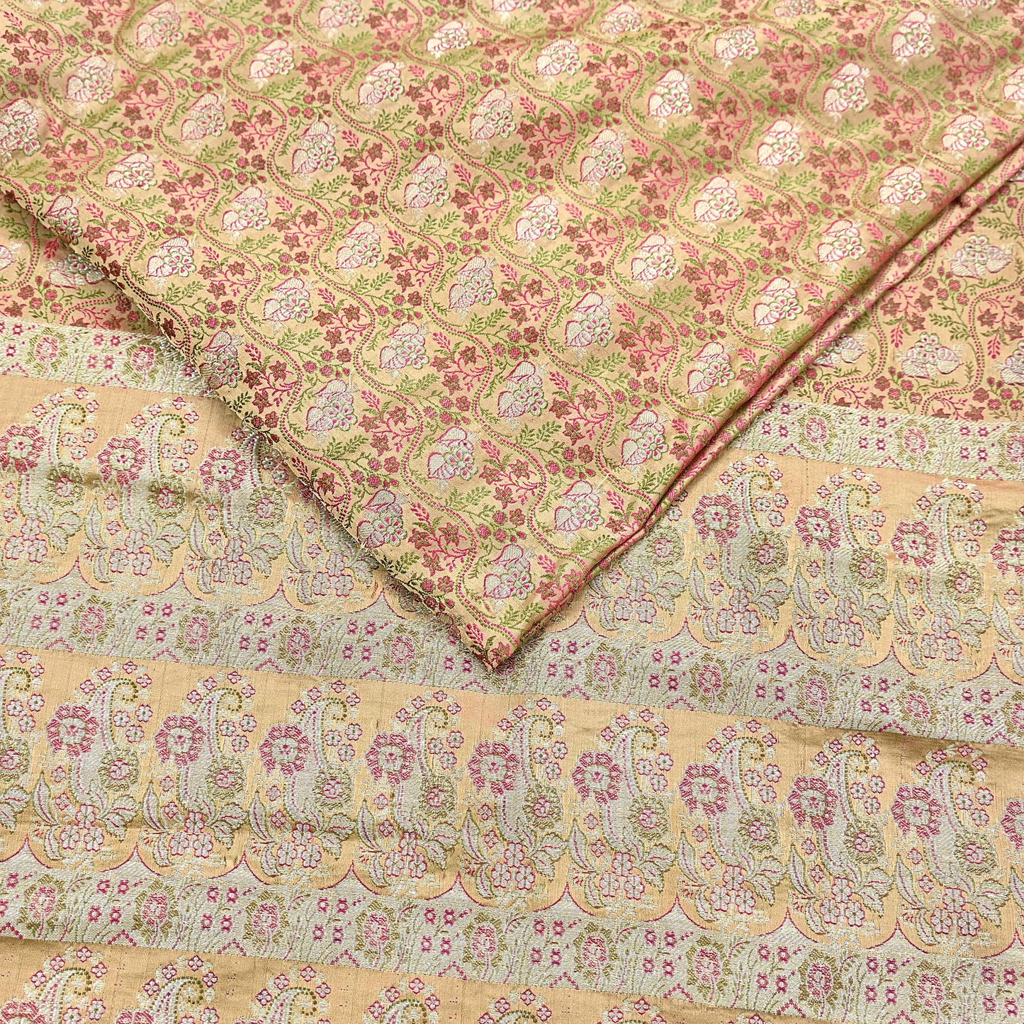 Indian Vintage Sari Beige Heavy Pure Silk Woven Banarasi Brocade Saree Fabric 5Yd Ethnic Dress making Crafting Bollywood Dress Designing