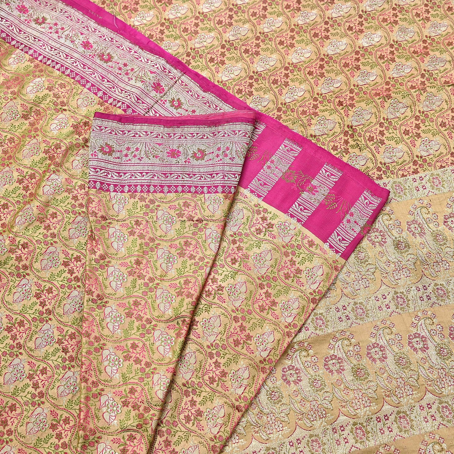 Indian Vintage Sari Beige Heavy Pure Silk Woven Banarasi Brocade Saree Fabric 5Yd Ethnic Dress making Crafting Bollywood Dress Designing