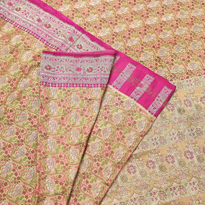 Indian Vintage Sari Beige Heavy Pure Silk Woven Banarasi Brocade Saree Fabric 5Yd Ethnic Dress making Crafting Bollywood Dress Designing