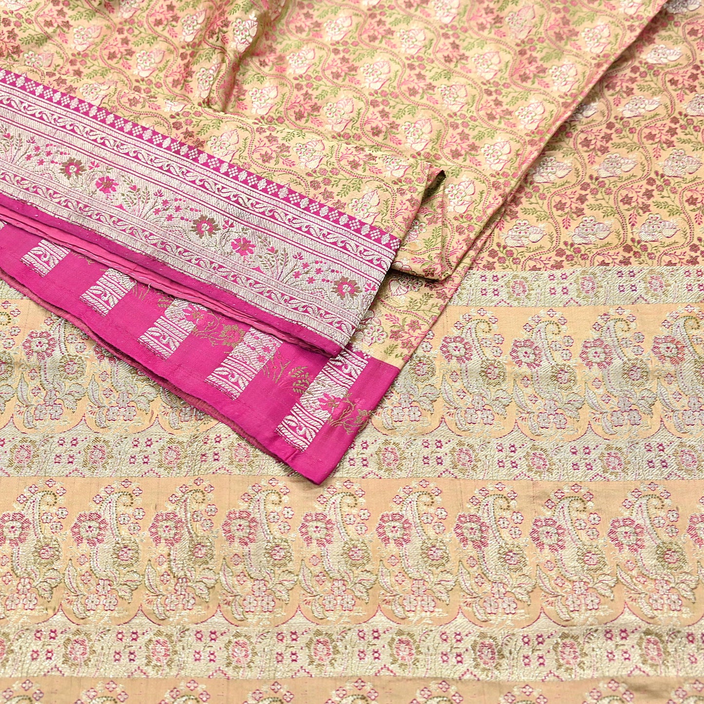 Indian Vintage Sari Beige Heavy Pure Silk Woven Banarasi Brocade Saree Fabric 5Yd Ethnic Dress making Crafting Bollywood Dress Designing