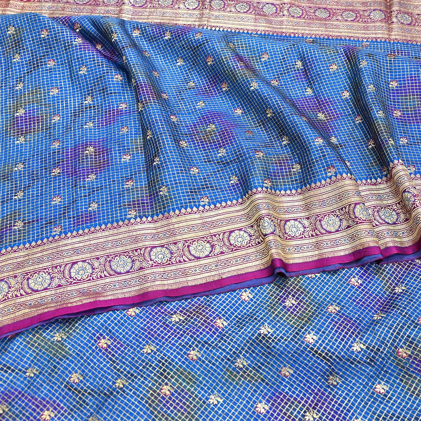 Indian Vintage Blue Heavy Wedding Sari Pure Satin Silk Woven Banarasi Tanchoi Sarees 5Yd Craft Fabric Golden Zari Ethnic Dress Making
