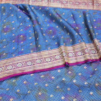 Indian Vintage Blue Heavy Wedding Sari Pure Satin Silk Woven Banarasi Tanchoi Sarees 5Yd Craft Fabric Golden Zari Ethnic Dress Making