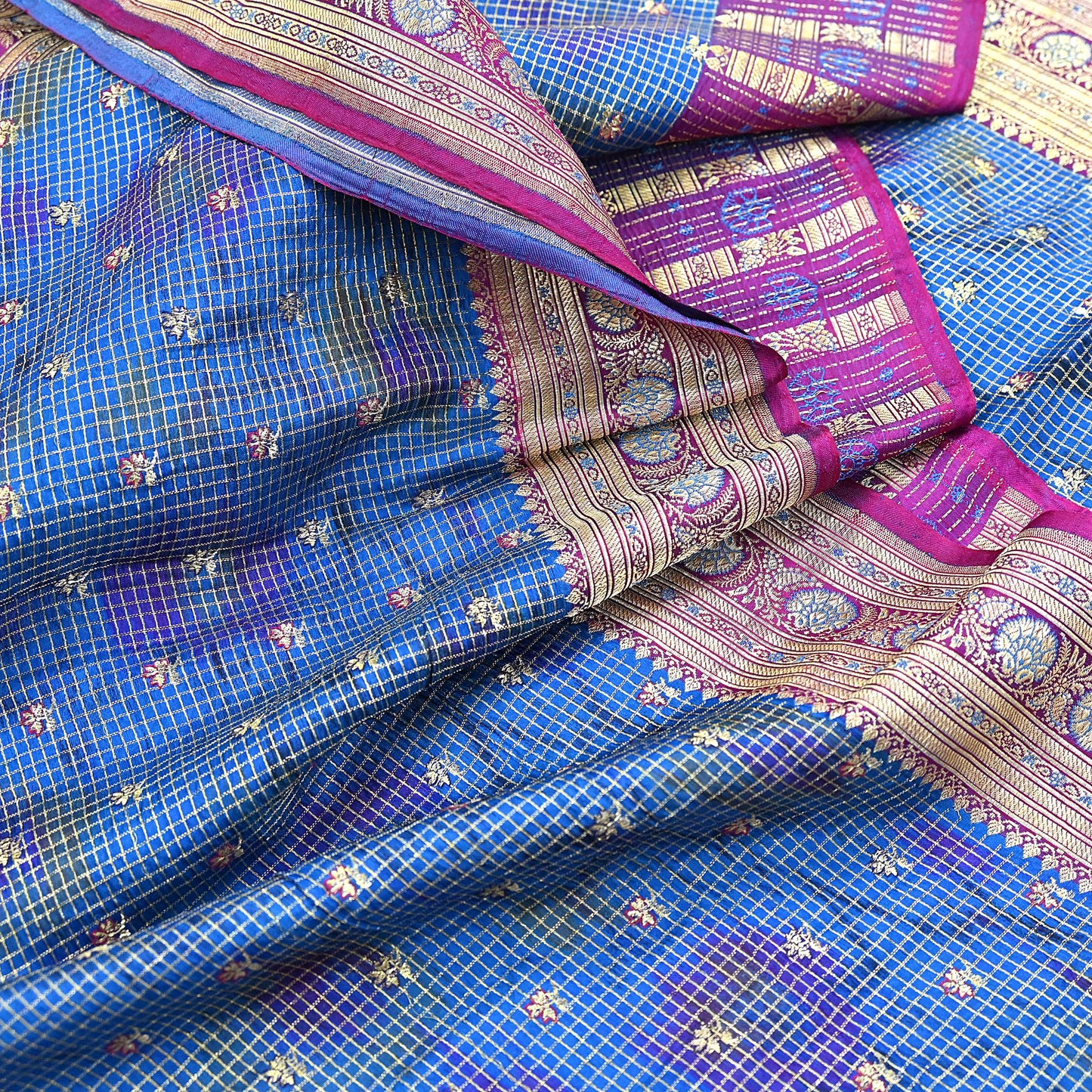Indian Vintage Blue Heavy Wedding Sari Pure Satin Silk Woven Banarasi Tanchoi Sarees 5Yd Craft Fabric Golden Zari Ethnic Dress Making