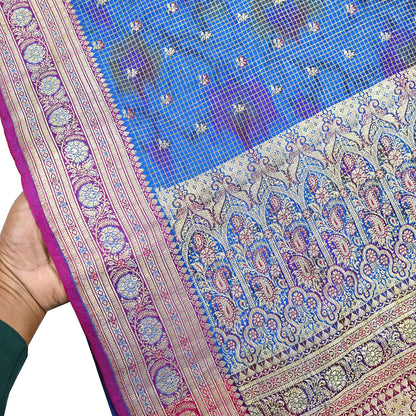 Indian Vintage Blue Heavy Wedding Sari Pure Satin Silk Woven Banarasi Tanchoi Sarees 5Yd Craft Fabric Golden Zari Ethnic Dress Making