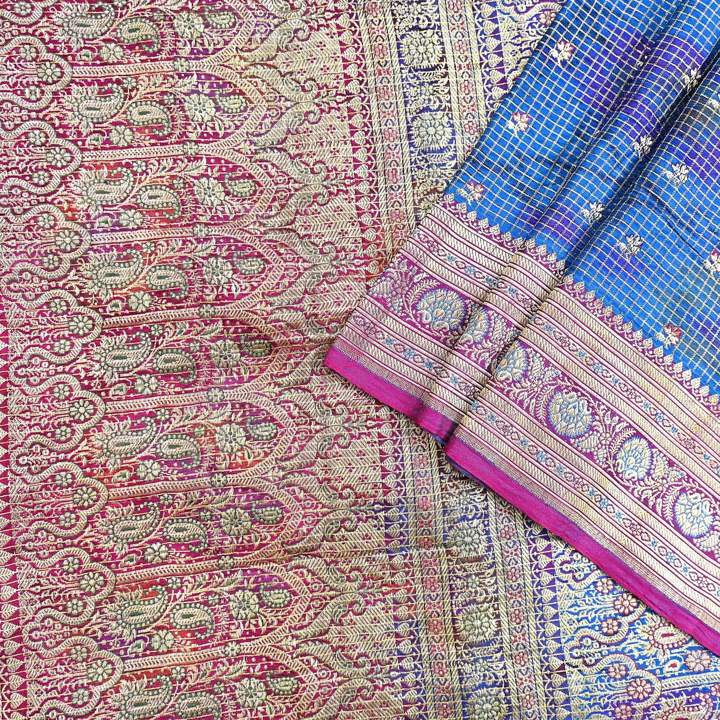 Indian Vintage Blue Heavy Wedding Sari Pure Satin Silk Woven Banarasi Tanchoi Sarees 5Yd Craft Fabric Golden Zari Ethnic Dress Making