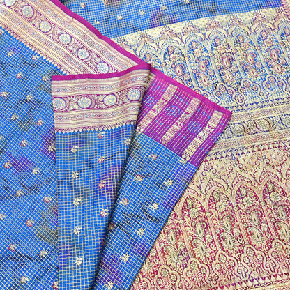 Indian Vintage Blue Heavy Wedding Sari Pure Satin Silk Woven Banarasi Tanchoi Sarees 5Yd Craft Fabric Golden Zari Ethnic Dress Making