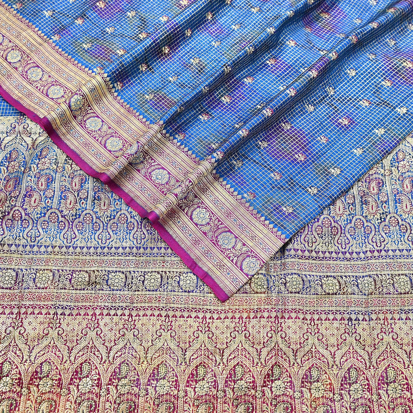 Indian Vintage Blue Heavy Wedding Sari Pure Satin Silk Woven Banarasi Tanchoi Sarees 5Yd Craft Fabric Golden Zari Ethnic Dress Making