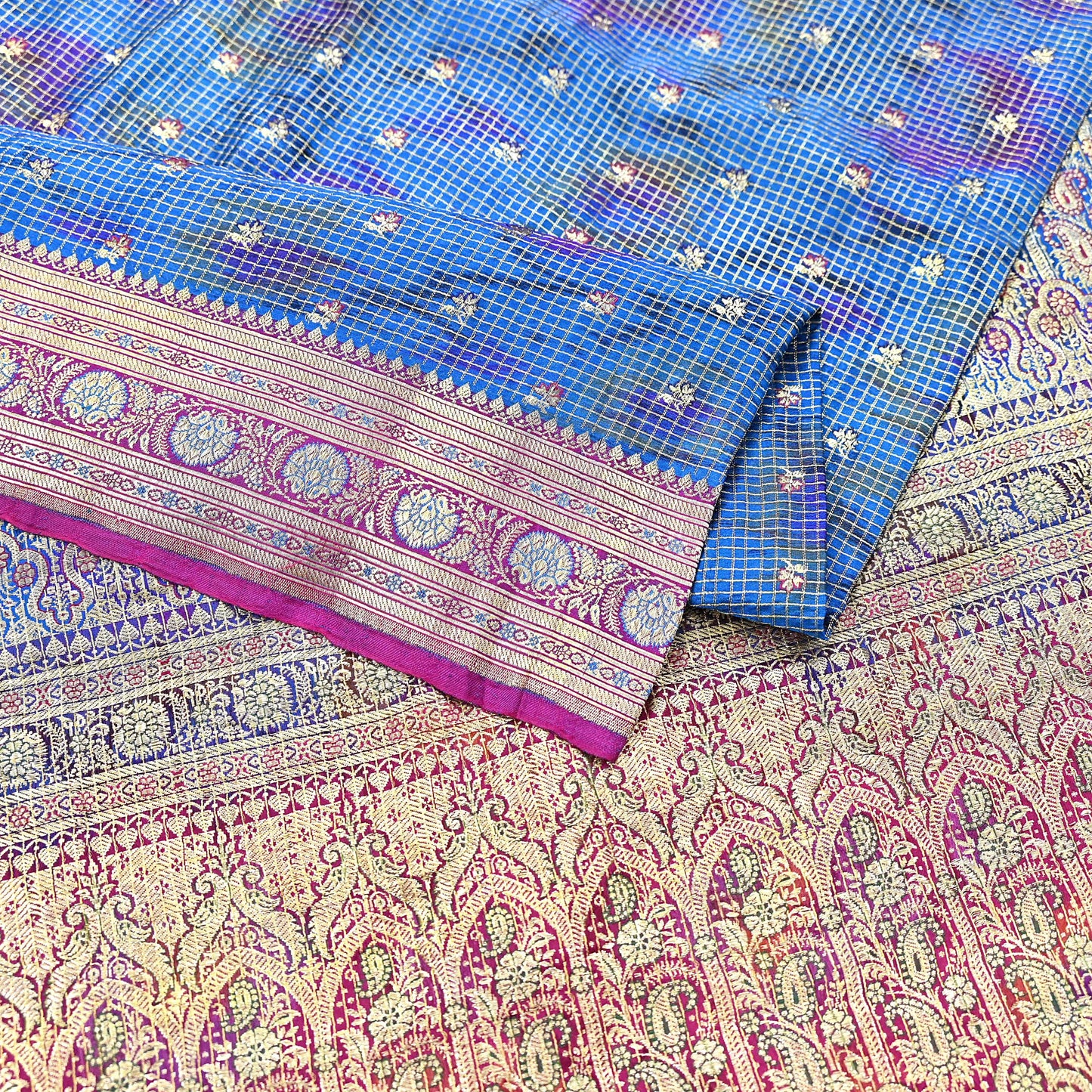 Indian Vintage Blue Heavy Wedding Sari Pure Satin Silk Woven Banarasi Tanchoi Sarees 5Yd Craft Fabric Golden Zari Ethnic Dress Making