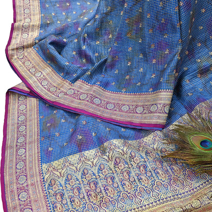 Indian Vintage Blue Heavy Wedding Sari Pure Satin Silk Woven Banarasi Tanchoi Sarees 5Yd Craft Fabric Golden Zari Ethnic Dress Making