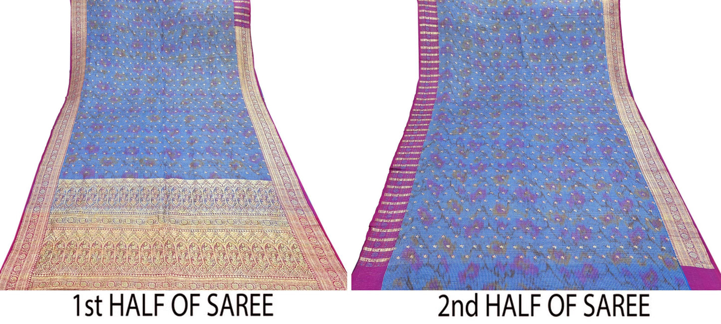 Indian Vintage Blue Heavy Wedding Sari Pure Satin Silk Woven Banarasi Tanchoi Sarees 5Yd Craft Fabric Golden Zari Ethnic Dress Making