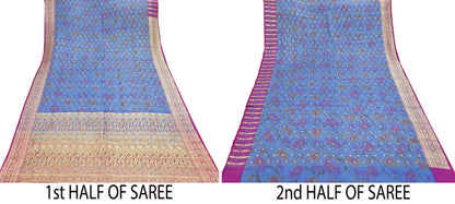 Indian Vintage Blue Heavy Wedding Sari Pure Satin Silk Woven Banarasi Tanchoi Sarees 5Yd Craft Fabric Golden Zari Ethnic Dress Making