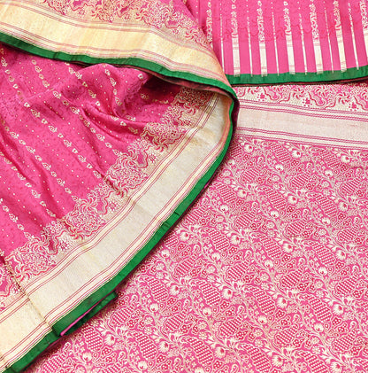 Indian Vintage Sari Heavy Wedding Pure Satin Silk Pink saree Banarasi Brocade Saree Golden Zari 5Yard Fabric Ethnic Dressmaking