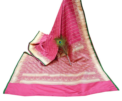 Indian Vintage Sari Heavy Wedding Pure Satin Silk Pink saree Banarasi Brocade Saree Golden Zari 5Yard Fabric Ethnic Dressmaking