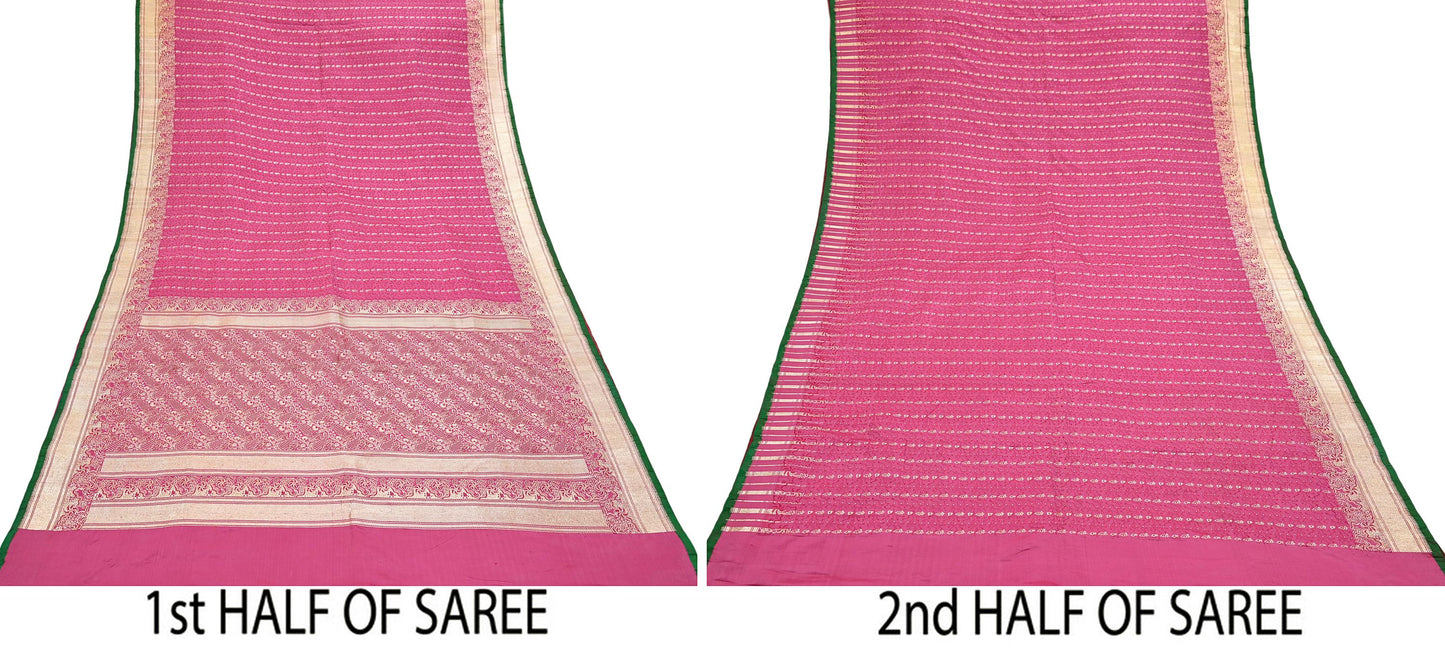 Indian Vintage Sari Heavy Wedding Pure Satin Silk Pink saree Banarasi Brocade Saree Golden Zari 5Yard Fabric Ethnic Dressmaking