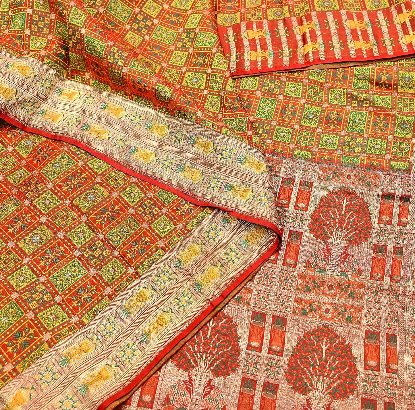 Indian Vintage Heavy Sari Orange Pure Satin Silk Woven Tanchoi Sarees 5Yd Craft Fabric Soft Wedding Sarees Upcycle For Crafting Used