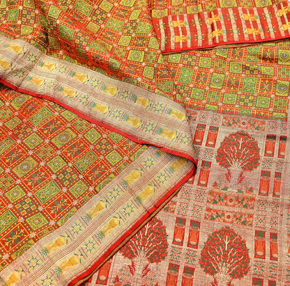 Indian Vintage Heavy Sari Orange Pure Satin Silk Woven Tanchoi Sarees 5Yd Craft Fabric Soft Wedding Sarees Upcycle For Crafting Used