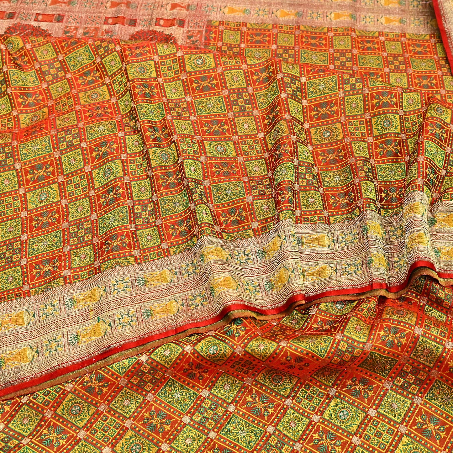 Indian Vintage Heavy Sari Orange Pure Satin Silk Woven Tanchoi Sarees 5Yd Craft Fabric Soft Wedding Sarees Upcycle For Crafting Used
