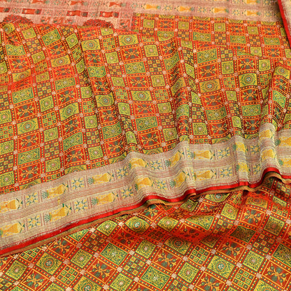 Indian Vintage Heavy Sari Orange Pure Satin Silk Woven Tanchoi Sarees 5Yd Craft Fabric Soft Wedding Sarees Upcycle For Crafting Used