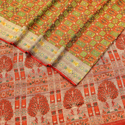 Indian Vintage Heavy Sari Orange Pure Satin Silk Woven Tanchoi Sarees 5Yd Craft Fabric Soft Wedding Sarees Upcycle For Crafting Used