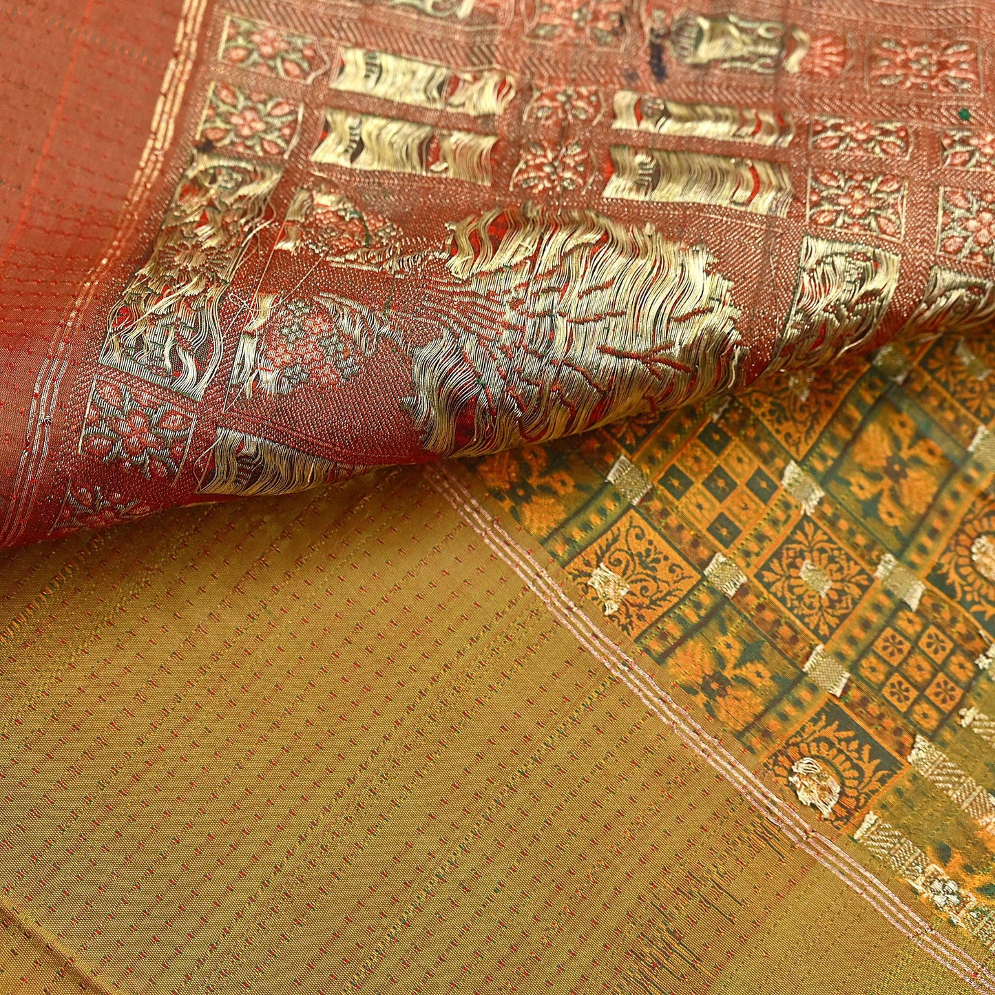 Indian Vintage Heavy Sari Orange Pure Satin Silk Woven Tanchoi Sarees 5Yd Craft Fabric Soft Wedding Sarees Upcycle For Crafting Used