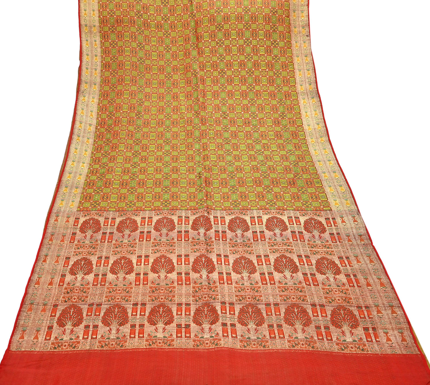 Indian Vintage Heavy Sari Orange Pure Satin Silk Woven Tanchoi Sarees 5Yd Craft Fabric Soft Wedding Sarees Upcycle For Crafting Used
