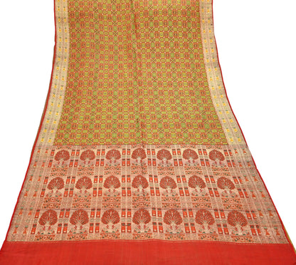 Indian Vintage Heavy Sari Orange Pure Satin Silk Woven Tanchoi Sarees 5Yd Craft Fabric Soft Wedding Sarees Upcycle For Crafting Used