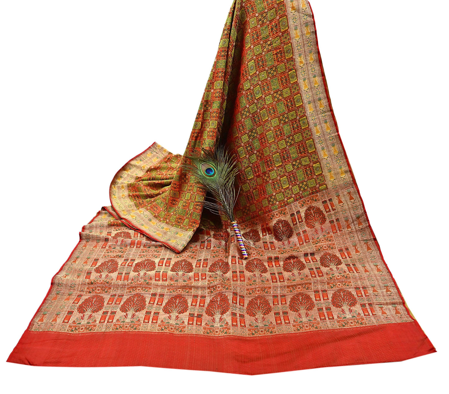 Indian Vintage Heavy Sari Orange Pure Satin Silk Woven Tanchoi Sarees 5Yd Craft Fabric Soft Wedding Sarees Upcycle For Crafting Used