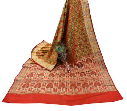 Indian Vintage Heavy Sari Orange Pure Satin Silk Woven Tanchoi Sarees 5Yd Craft Fabric Soft Wedding Sarees Upcycle For Crafting Used