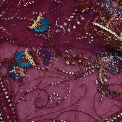Indian Vintage Heavy Wedding Maroon Dupatta Net Mesh Long Stole Hand Embroidered Scarves Golden Zardozi Zari Sequins Dridal Veil Hijab