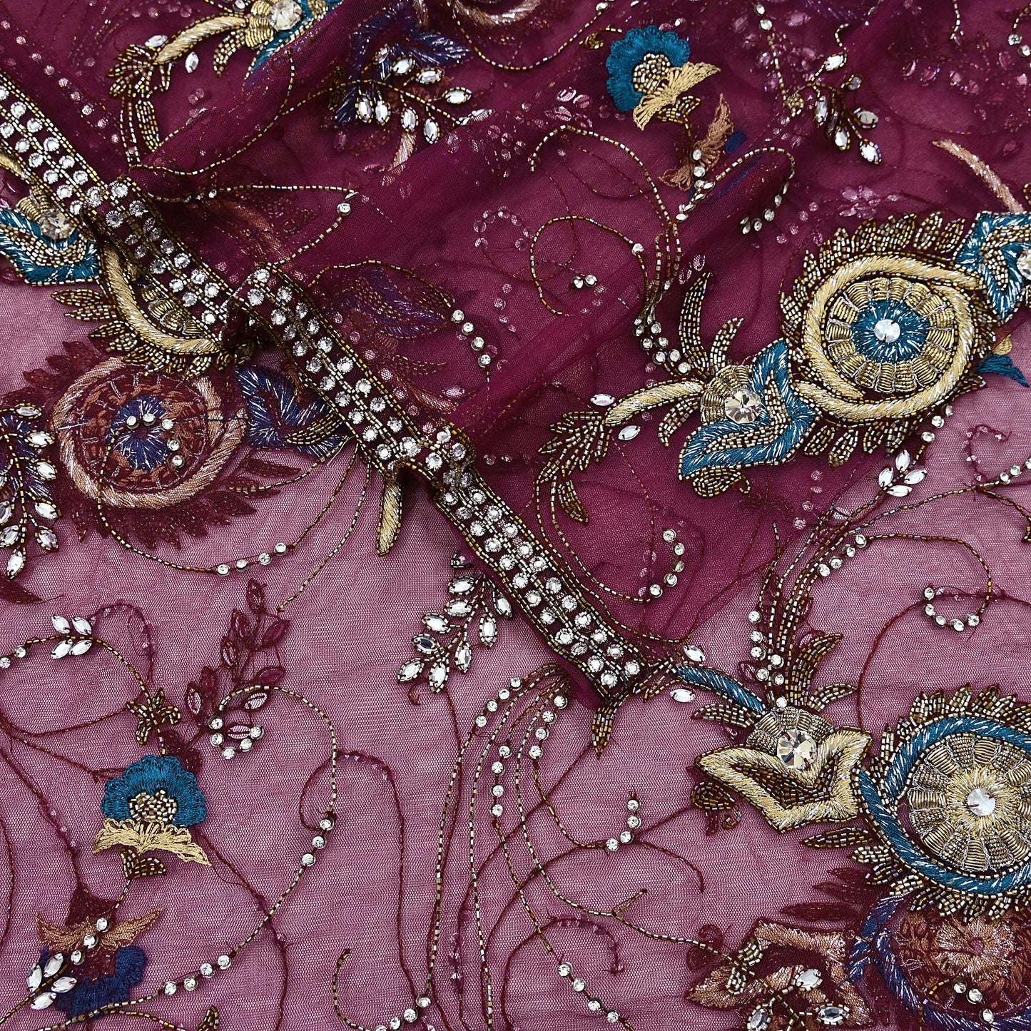 Indian Vintage Heavy Wedding Maroon Dupatta Net Mesh Long Stole Hand Embroidered Scarves Golden Zardozi Zari Sequins Dridal Veil Hijab