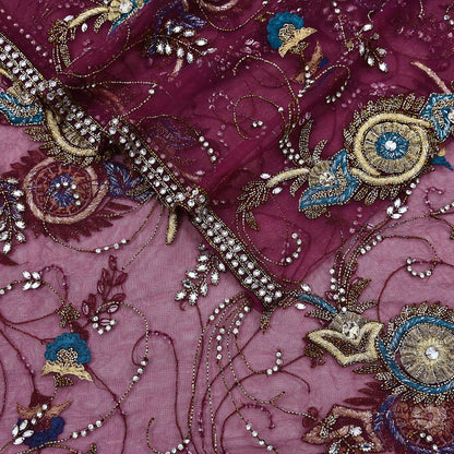 Indian Vintage Heavy Wedding Maroon Dupatta Net Mesh Long Stole Hand Embroidered Scarves Golden Zardozi Zari Sequins Dridal Veil Hijab