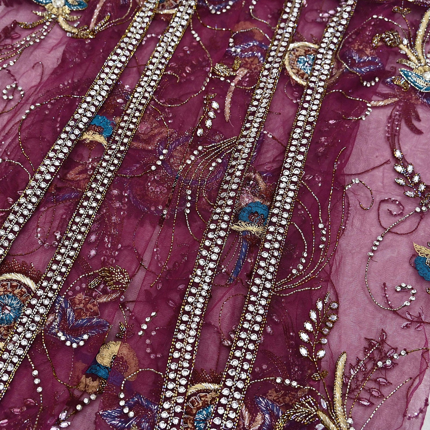 Indian Vintage Heavy Wedding Maroon Dupatta Net Mesh Long Stole Hand Embroidered Scarves Golden Zardozi Zari Sequins Dridal Veil Hijab